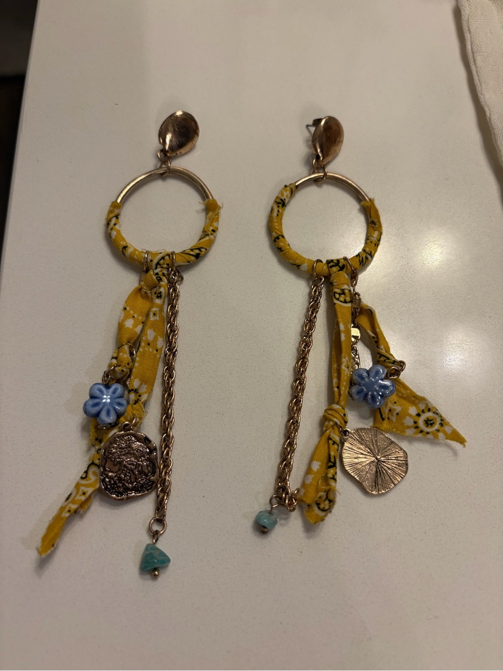 Free People Boho Yellow Fabric Hoop Drop Earrings with Blue Flower Accents